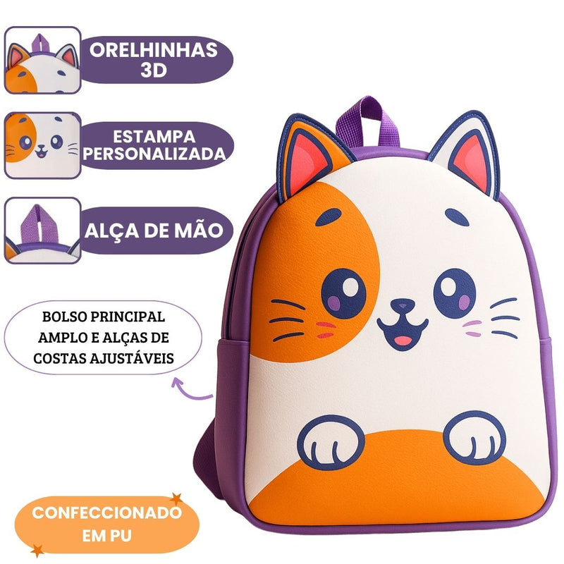 Mochila de Costas Gatinho Roxo Gato Bolsa Escolar Volta Às Aulas Feminina Meninas Juvenil Passeio