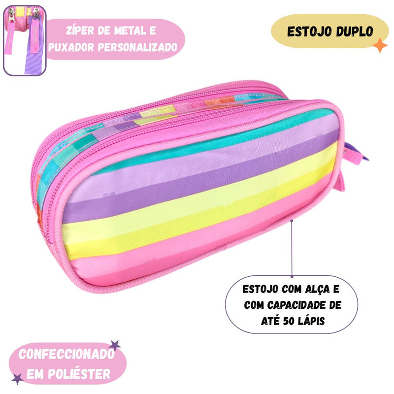 Estojo Duplo Rosa Escolar 50 Pens Volta as Aulas Menina Feminino Juvenil
