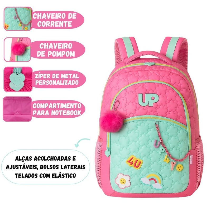 Mochila de Costas Juvenil Escolar Up4You Meninas Chaveiros Volta às Aulas Notebook Estudo Espaçosa