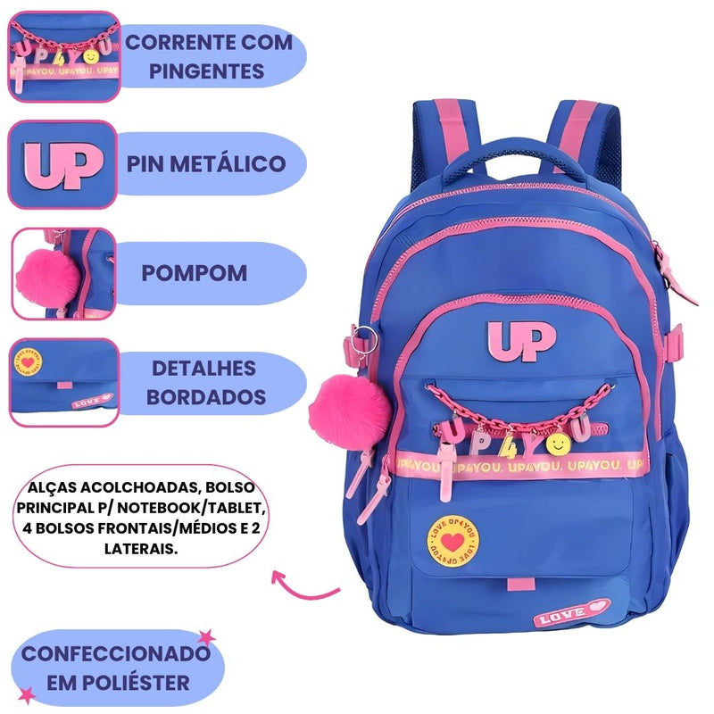 Mochila de Costas Juvenil Up4You Menina Escolar Faculdade Volta às Aulas Espaçosa Pompom Notebook