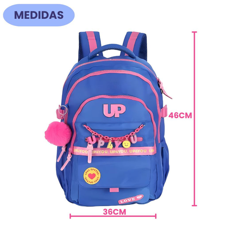 Mochila de Costas Juvenil Up4You Menina Escolar Faculdade Volta às Aulas Espaçosa Pompom Notebook