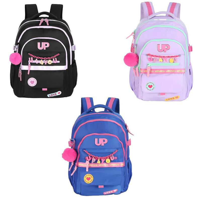Mochila de Costas Juvenil Up4You Menina Escolar Faculdade Volta às Aulas Espaçosa Pompom Notebook