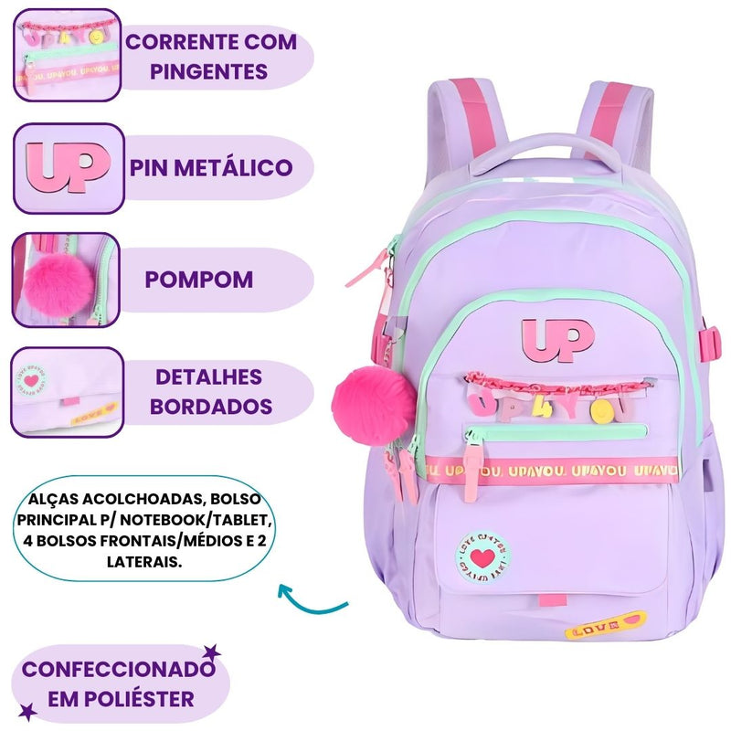 Mochila de Costas Juvenil Up4You Menina Escolar Faculdade Volta às Aulas Espaçosa Pompom Notebook
