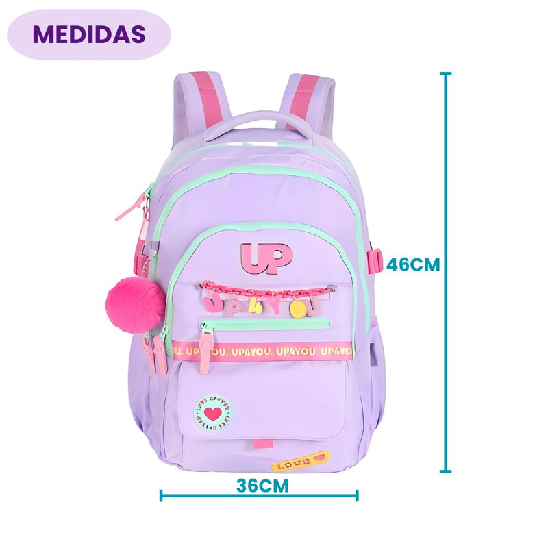 Mochila de Costas Juvenil Up4You Menina Escolar Faculdade Volta às Aulas Espaçosa Pompom Notebook