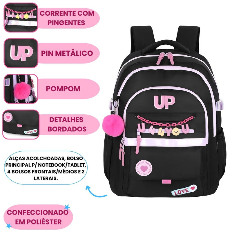 Mochila de Costas Juvenil Up4You Menina Escolar Faculdade Volta às Aulas Espaçosa Pompom Notebook
