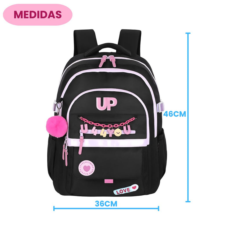 Mochila de Costas Juvenil Up4You Menina Escolar Faculdade Volta às Aulas Espaçosa Pompom Notebook