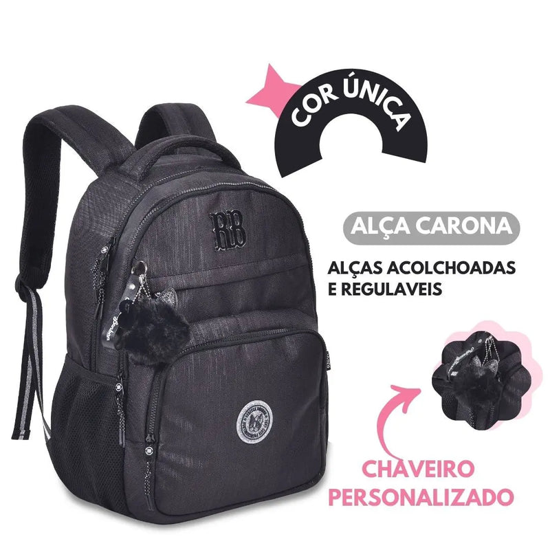 Kit Mochila Carrinho Rebecca Bonbon Preto Estojo Box Feminino Juvenil Escolar Meninas Clio Megalomania