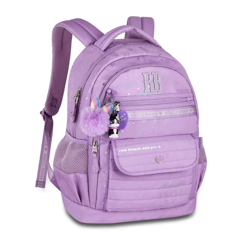 Mochila Costas Rebecca Bonbon Holográfica Adolescente Juvenil Feminina Preto Lilás Rosa Claro Escolar Grande Chaveiro Colorida Clio Megalomania