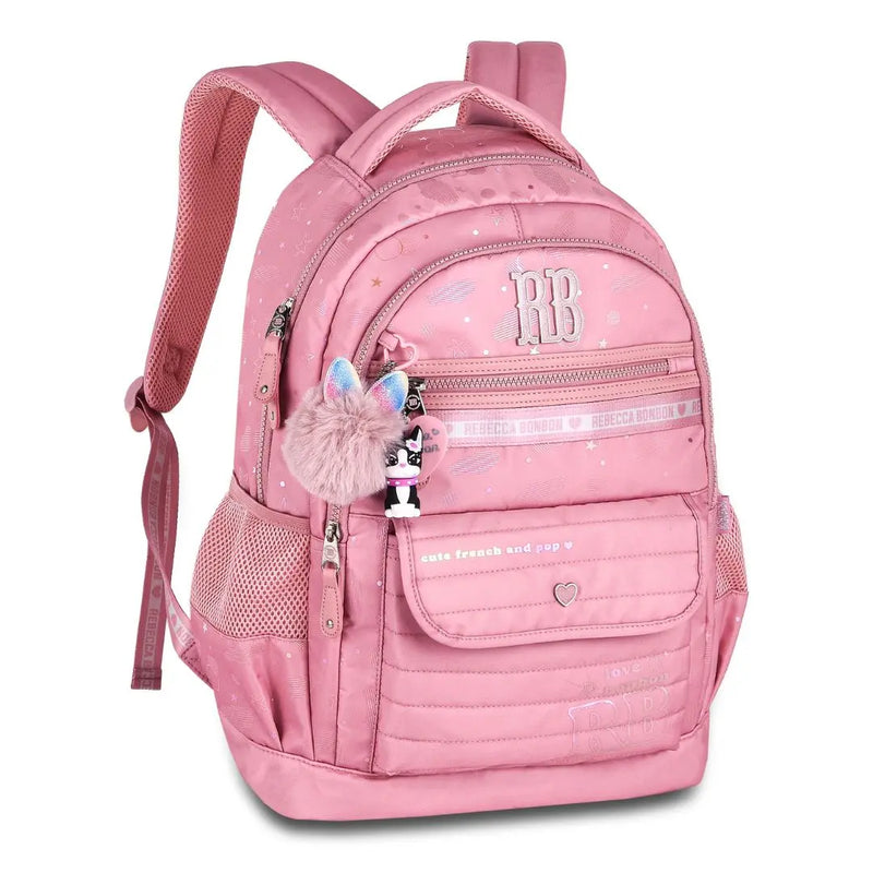 Mochila Costas Rebecca Bonbon Holográfica Adolescente Juvenil Feminina Preto Lilás Rosa Claro Escolar Grande Chaveiro Colorida Clio Megalomania