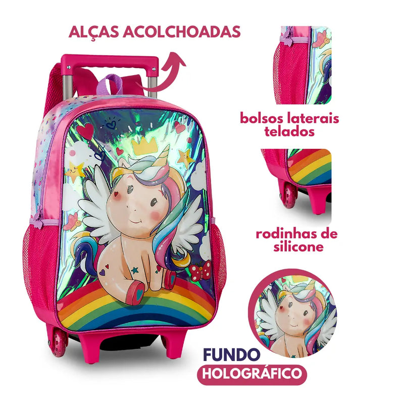 Mochila de Carrinho Mala Bolsa Unicórnio Feminino Escolar Infantil Clio Megalomania
