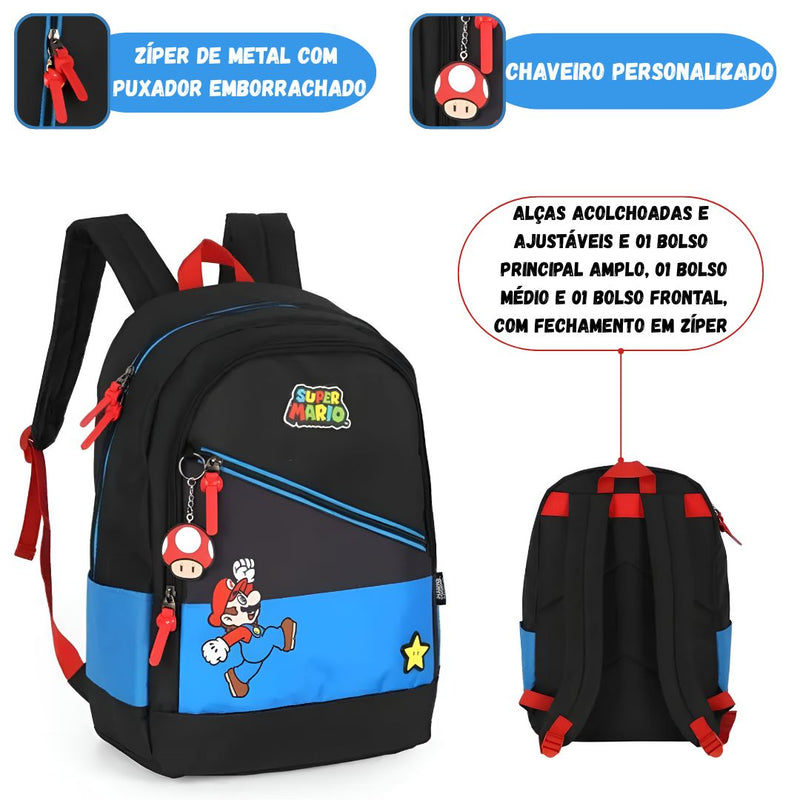 Mochila De Costas Escolar Super Mario Juvenil Menino Espaçosa Chaveiro Grande Estudo Volta às Aulas Megalomania