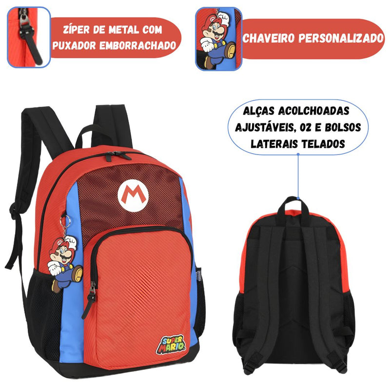 Mochila De Costas Escolar Super Mario Juvenil Menino Espaçosa Chaveiro Grande Estudo Volta às Aulas Megalomania