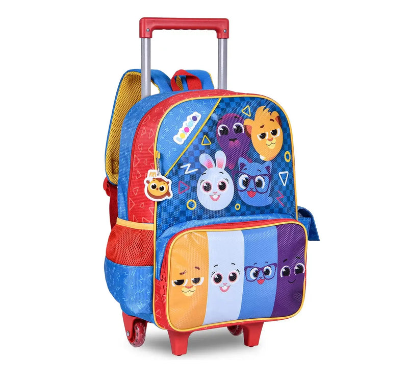 Mochila Infantil Escolar com Rodinhas Creche Menino Menina Kids Bolofofos Oficial 16'' Azul e Vermelho - Clio Megalomania