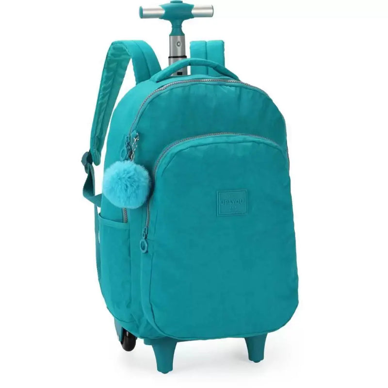 Mochila com Rodas Escolar Juvenil com Bolso Frontal Verde Resistente com Pompom Verde Up4You - Luxcel Megalomania