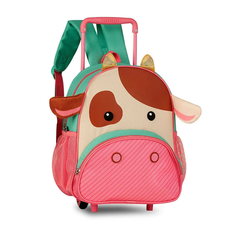 Mochila de Carrinho Rodinha Bolsa Infantil Menina Escolar Volta Aulas Pets Gato Girafa Vaca Clio Megalomania
