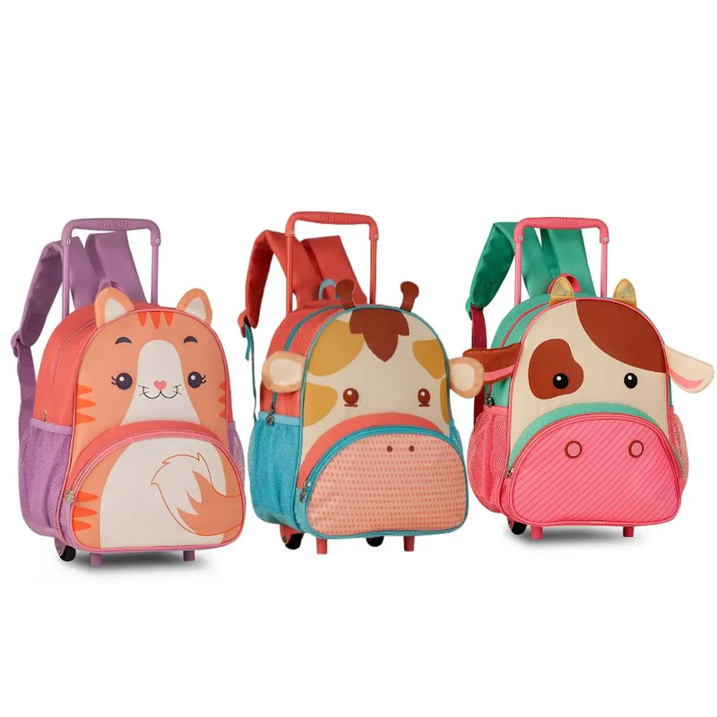 Mochila de Carrinho Rodinha Bolsa Infantil Menina Escolar Volta Aulas Pets Gato Girafa Vaca Clio Megalomania