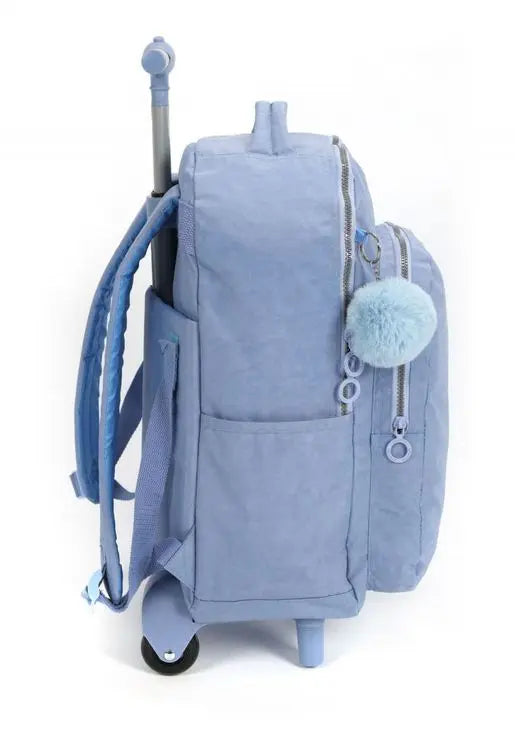 Mochila com Rodas Escolar Juvenil com Bolso Frontal Azul Resistente com Pompom Azul Up4You - Luxcel Megalomania