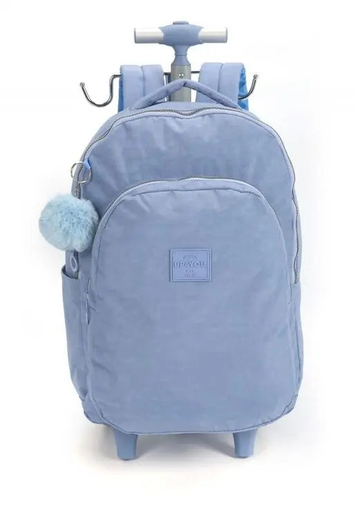 Mochila com Rodas Escolar Juvenil com Bolso Frontal Azul Resistente com Pompom Azul Up4You - Luxcel Megalomania