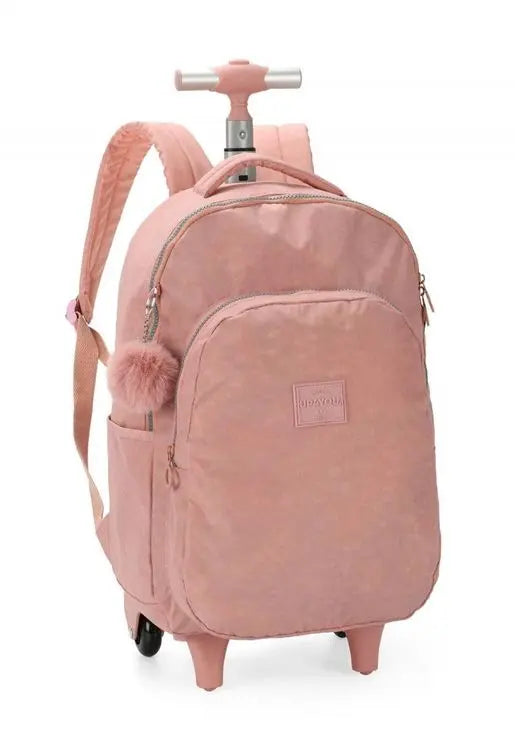 Mochila com Rodas Escolar Juvenil com Bolso Frontal Rosa Resistente com Pompom Rosa Up4You - Luxcel Megalomania