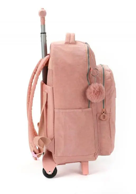 Mochila com Rodas Escolar Juvenil com Bolso Frontal Rosa Resistente com Pompom Rosa Up4You - Luxcel Megalomania