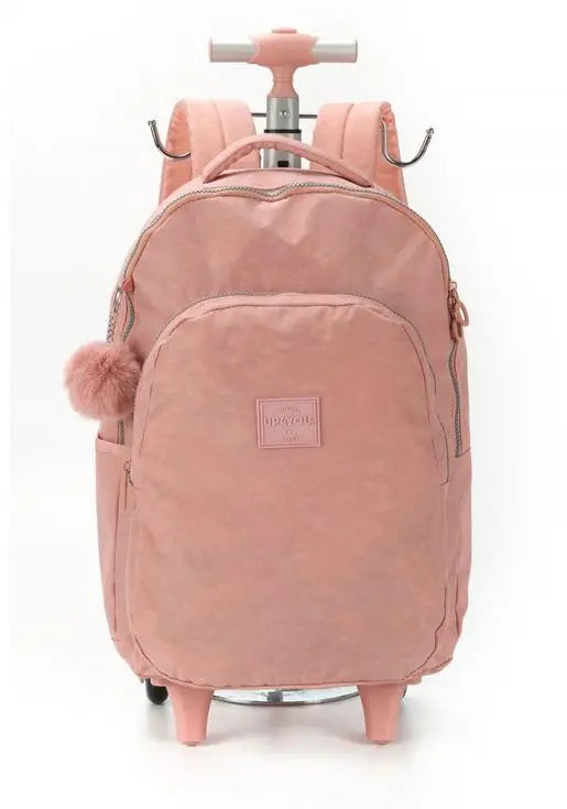 Mochila com Rodas Escolar Juvenil com Bolso Frontal Rosa Resistente com Pompom Rosa Up4You - Luxcel Megalomania