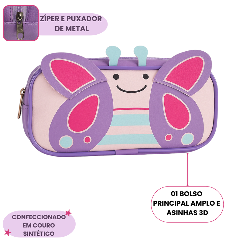Necessaire Borboleta Roxo 3D Organização Viagem Presente Personalizada Menina Criança Juvenil
