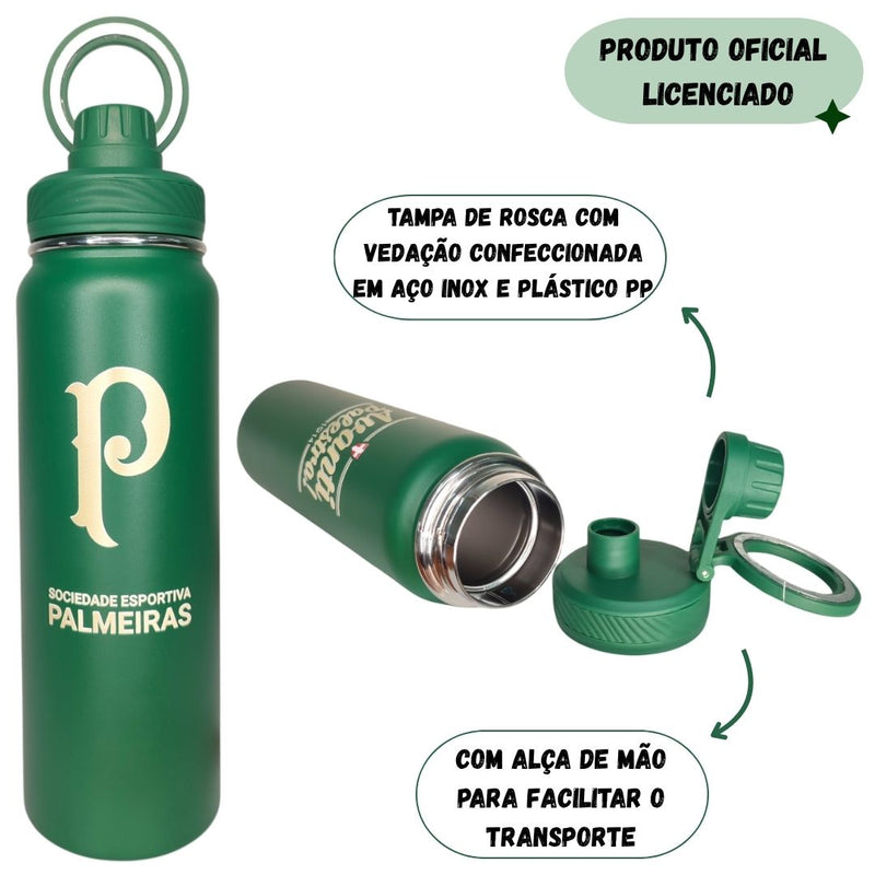 Garrafa Térmica de Time Palmeiras de Metal Verdão Aço Inox Presente Verde de Rosca 850ML Água Chá