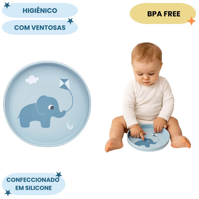 Pratinho Silicone Azul Ventosa Cloudy Bebê Infantil Introdução Alimentar Mamãe BPA Free Maternidade Buba