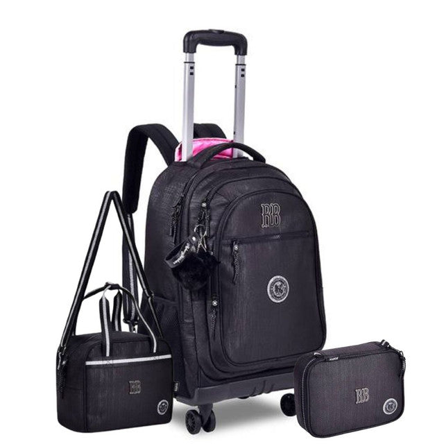 Kit Mochila Carrinho Rebecca Bonbon Preto Lancheira Térmica Estojo Box Juvenil Escolar Meninas Feminino Clio