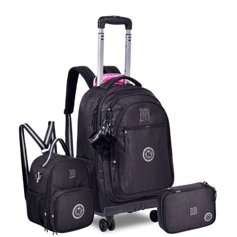 Kit Mochila Carrinho Rebecca Bonbon Preto Lancheira Térmica Estojo Box Juvenil Escolar Meninas Chaveiro Clio