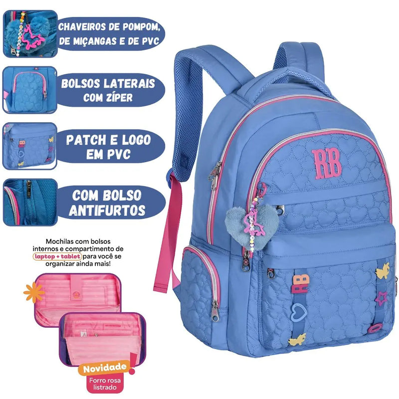 Mochila Costas Rebecca Bonbon Preto Rosa Roxo Azul Feminino Escolar Menina Chaveiro Clio Megalomania