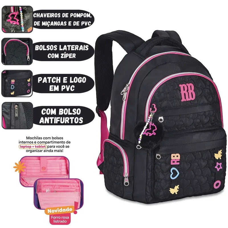 Mochila Costas Rebecca Bonbon Preto Rosa Roxo Azul Feminino Escolar Menina Chaveiro Clio Megalomania