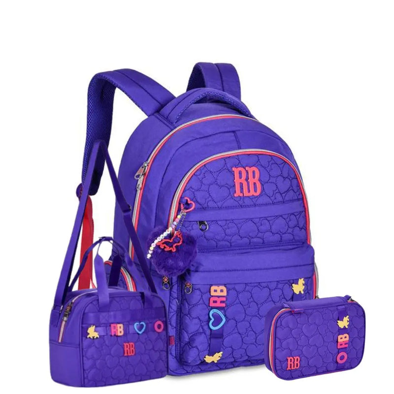Kit Mochila Costas Rebecca Bonbon Roxo Lancheira Térmica Estojo Box Juvenil Escolar Feminino Chaveiro Clio Megalomania