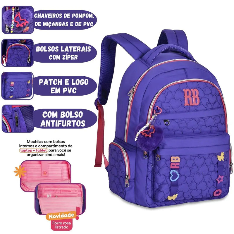 Mochila Costas Rebecca Bonbon Preto Rosa Roxo Azul Feminino Escolar Menina Chaveiro Clio Megalomania