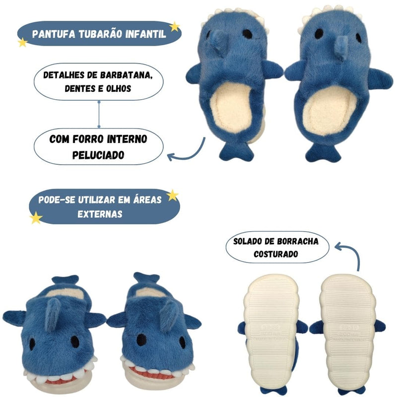 Pantufa Infantil Tubarão Baby Shark Inverno Menino Presente Azul Solado Borracha Megalomania