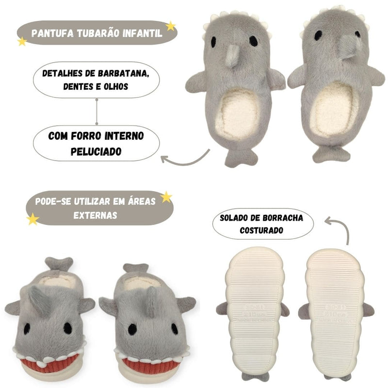 Chinelo Pantufa Baby Shark Tubarão Infantil Cinza Solado de Borracha Inverno Frio Megalomania