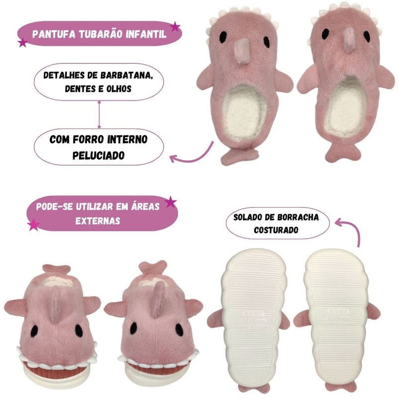 Pantufa Chinelo Infantil Quarto Menina Inverno Solado Borracha Tubarão Baby Shark Rosa Escuro Megalomania