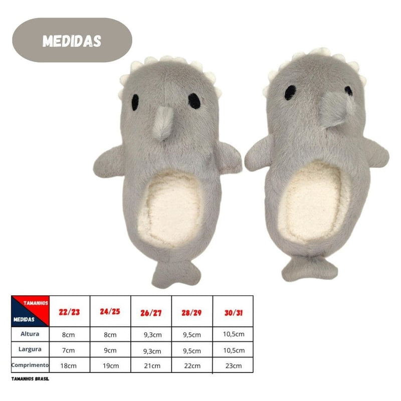 Chinelo Pantufa Baby Shark Tubarão Infantil Cinza Solado de Borracha Inverno Frio Megalomania