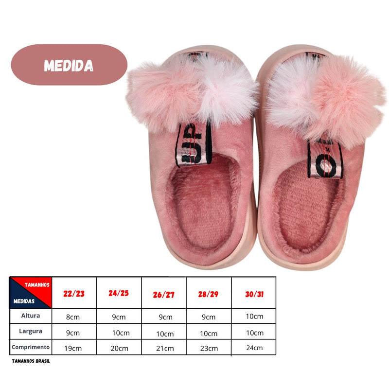 Pantufa Infantil Pompom Rosa Escuro Chinelo Anti Derrapante Meninas Inverno Quarto Frio Criança Megalomania