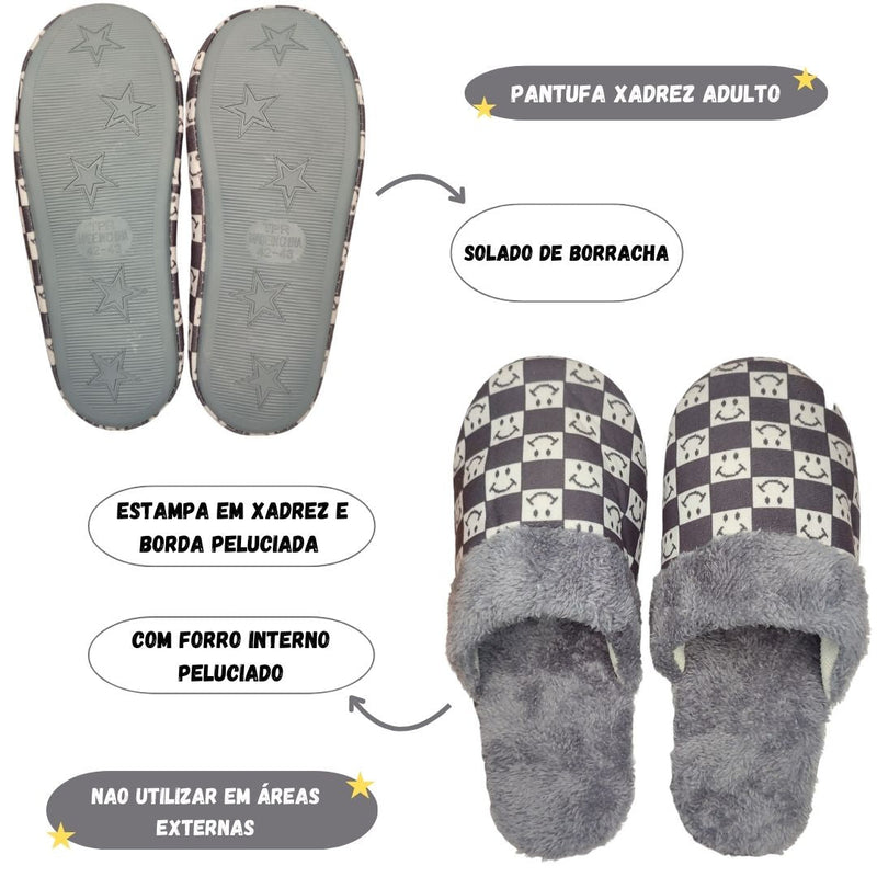 Pantufa Chinelo Cinza Quarto Adulto Inverno Frio Xadrez Presente Megalomania