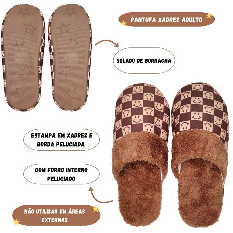 Pantufa Xadrez Smile Chinelo de Quarto Marrom Presente Adulto Megalomania