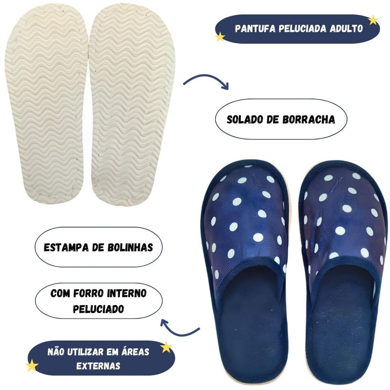 Pantufa Chinelo Bolinha Peluciada Azul Adulto Inverno Unissex Megalomania