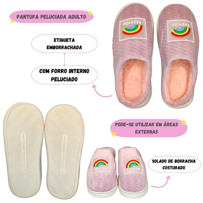 Pantufa Chinelo Rosa Inverno Adulto Feminina Reforçada Solado Borracha Presente Namorados Megalomania