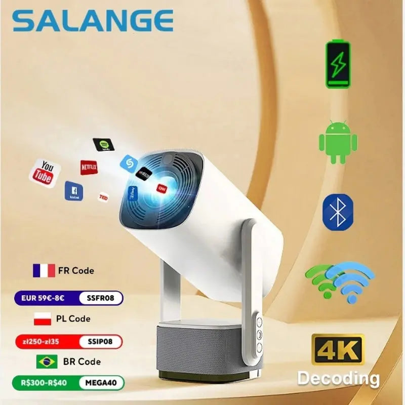 Projetor Salange 4K K2 Smart Android 11.0 c Bateria Embutida Alto-falante Bluetooth Wi-Fi Foco Automático Correção Keystone Estilo Livre Samsung iPhone Android Celular Projetor de Filmes ao Ar Livre Acessório Aliexpress
