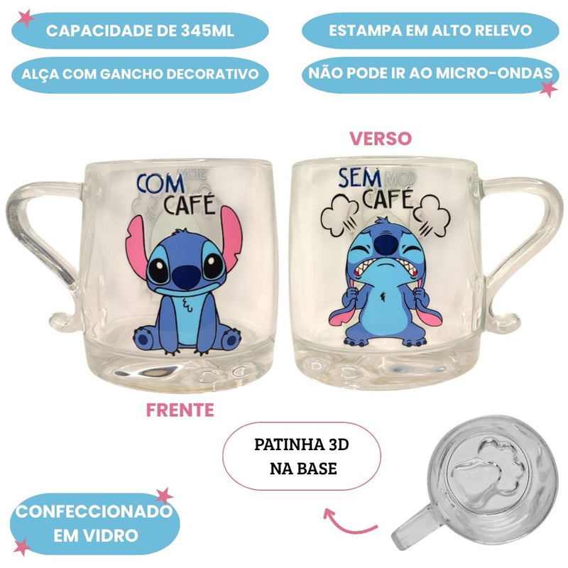 Caneca de Vidro Stitch 345ml Resistente e Perfeita para Presentear Megalomania