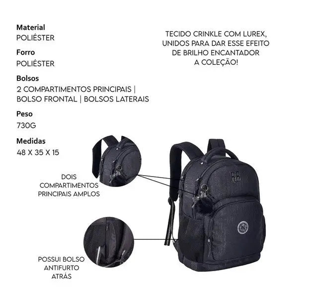 Mochila Costas Rebecca Bonbon Preta Juvenil Meninas Escolar Faculdade Grande Reforçada Clio Megalomania