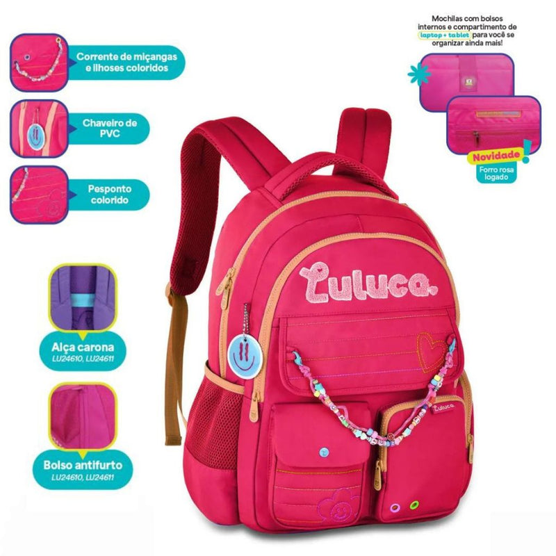 Kit Mochila de Costas Luluca Estojo box Aulas Escolar Rosa Juvenil Original