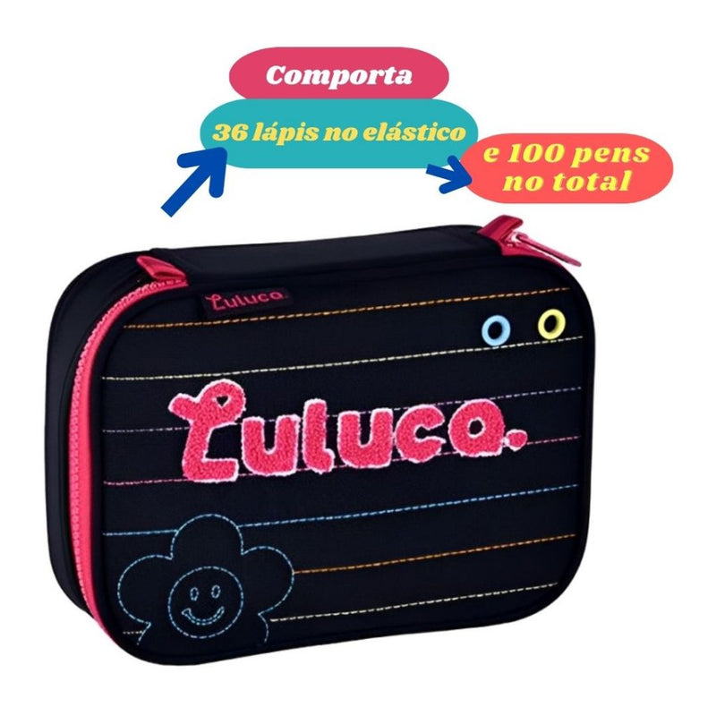 KIT MOCHILA DE COSTAS LULUCA PRETO LU24611 + ESTOJO BOX LULUCA PRETO LU24612