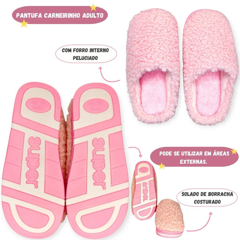 Pantufa Feminina Chinelo Quarto Rosa Peluciada Fofinho Carneirinho Megalomania