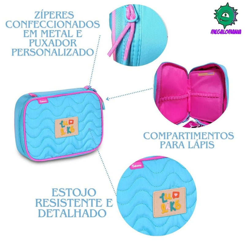 Kit Mochila de Carrinho Mala Bolsa Azul Lancheira Térmica Duas Alças Estojo Box Menina Juvenil Luluca Clio